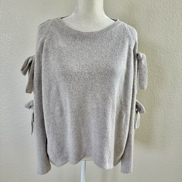 Mustard Seed Gray Thin Knit Sweater Size Medium Oversized Pullover Top Tie Arms - Picture 1 of 12